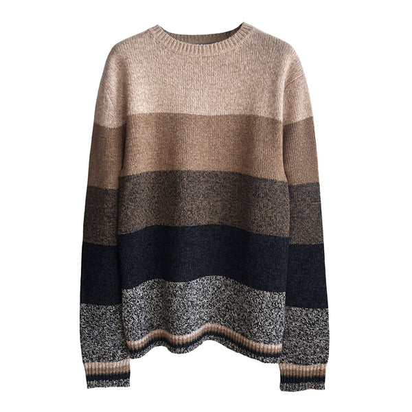 Denis Colomb Lifestyle - White Sand Taupe Cappuccino African Night Black Cashmere Hand Knit Tweed Stripes Sweater
