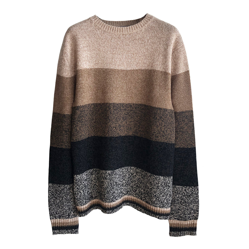 Denis Colomb Lifestyle - White Sand Taupe Cappuccino African Night Black Cashmere Hand Knit Tweed Stripes Sweater