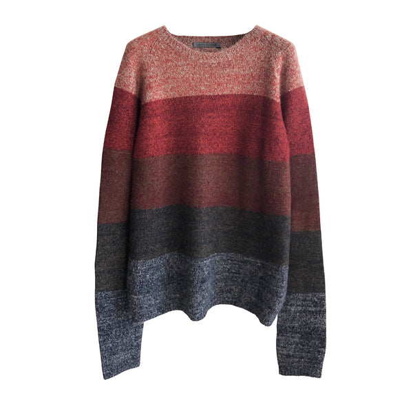 Denis Colomb Lifestyle - Elephant Skin Red Marsala Tibetan Red Monk Cashmere Hand knit Tweed Stripes Sweater